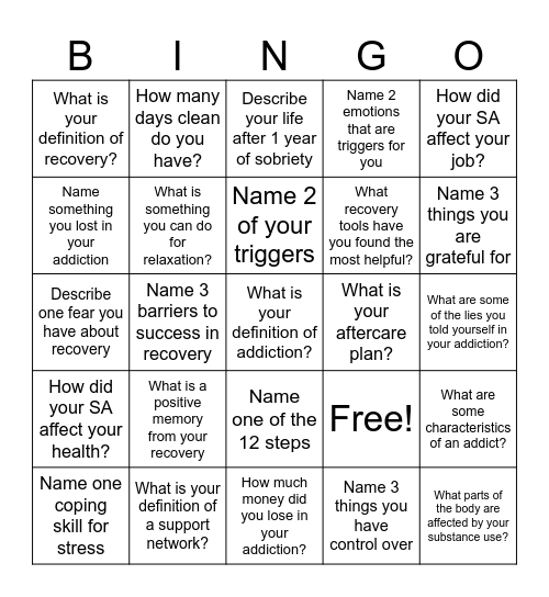 Recovery Bingo! Bingo Card