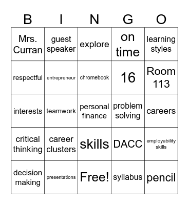 Career Exploration Bingo Card