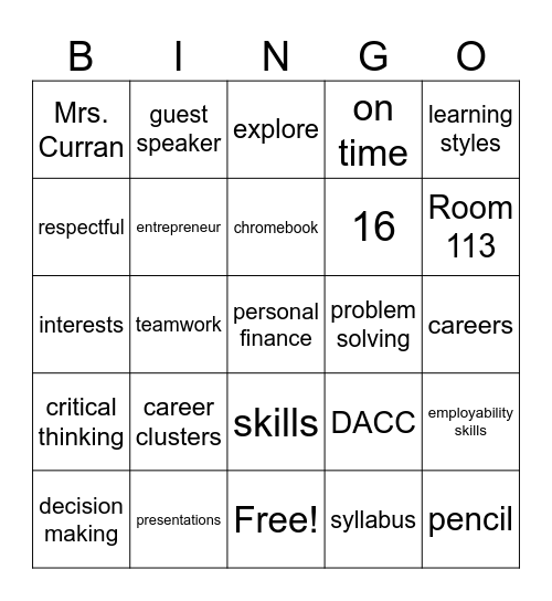 Career Exploration Bingo Card