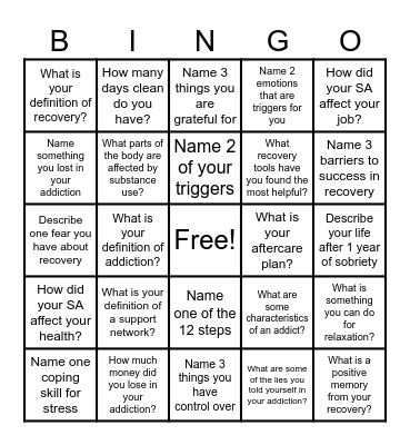 Recovery Bingo! Bingo Card