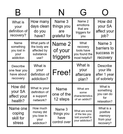 Recovery Bingo! Bingo Card
