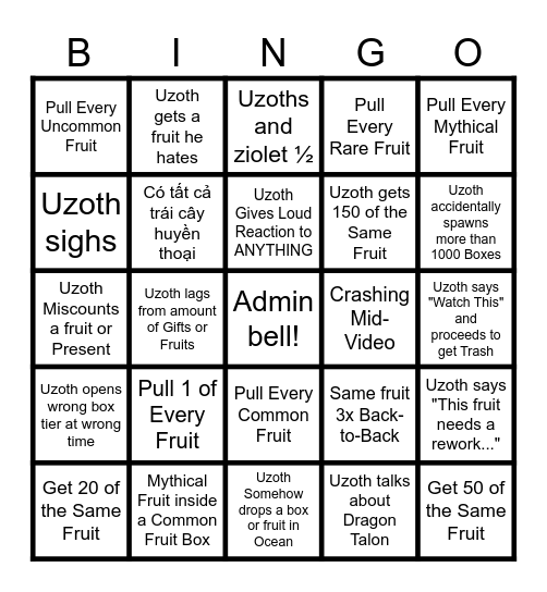 Uzoth Gift Opening Bingo 2025 Bingo Card