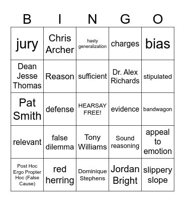 Mock Trial & Argument Review Bingo Card