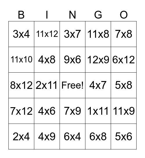 Multiplication Bingo Card