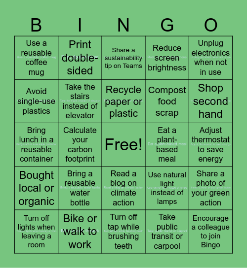 SUSTAINABLE BINGO CARD Bingo Card