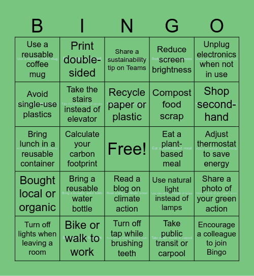 SUSTAINABLE BINGO CARD Bingo Card