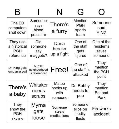 Pitt Season 2 Bingo Card