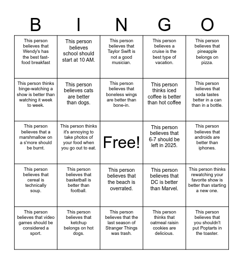 Argumentative Bingo Card
