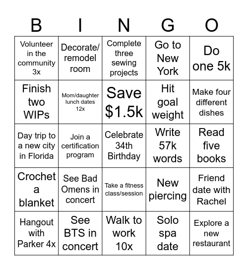 K's 2026 Bingo Card