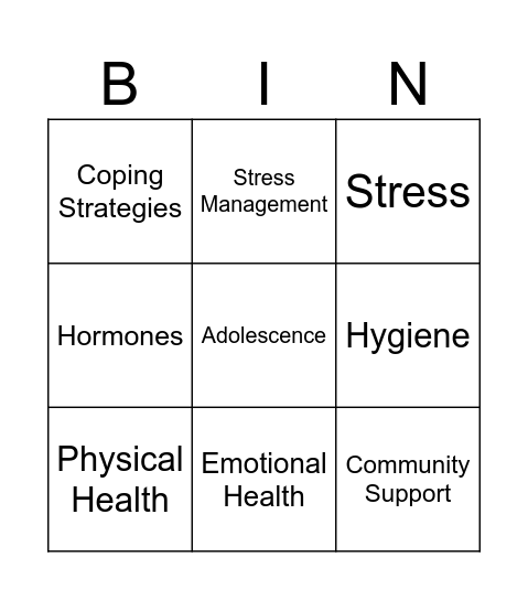 Intro to Health Bingo Card