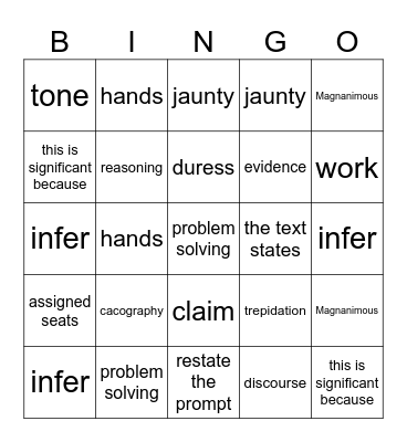 Vocab and expectations Bingo Card