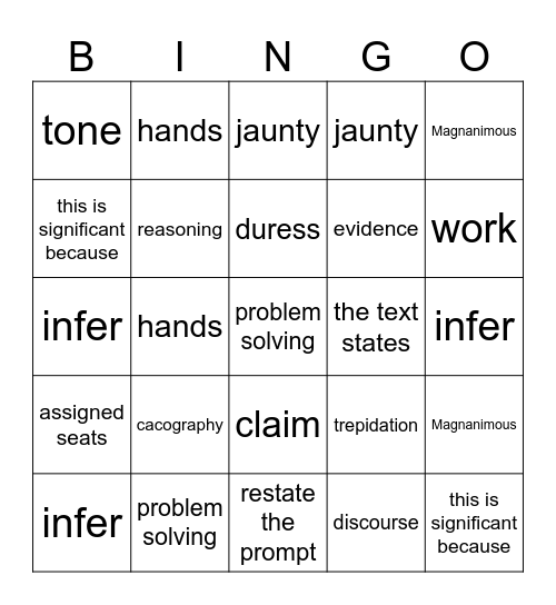 Vocab and expectations Bingo Card
