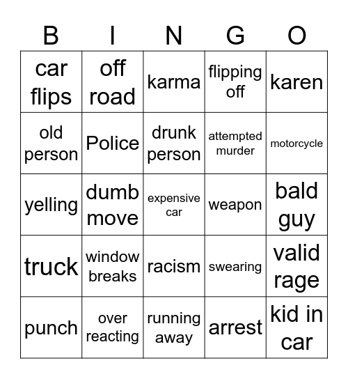 road rage Bingo Card