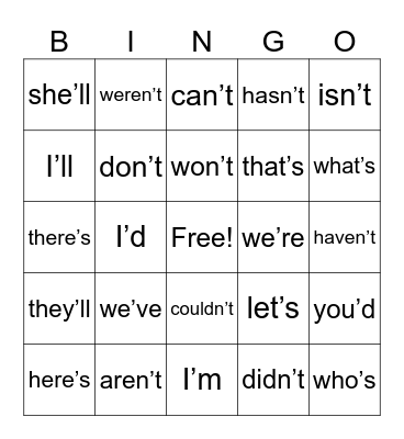 Contractions Bingo Card