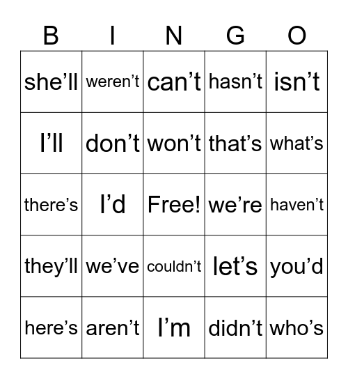 Contractions Bingo Card