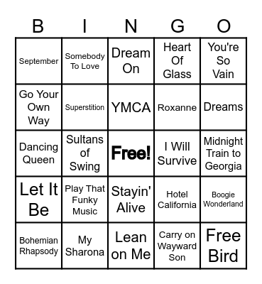70's Music Bingo Card