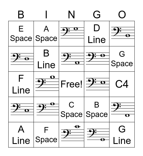Bass Clef Bingo Card