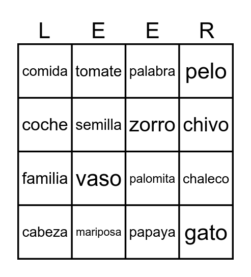 Leyendo Palabras Bingo Card
