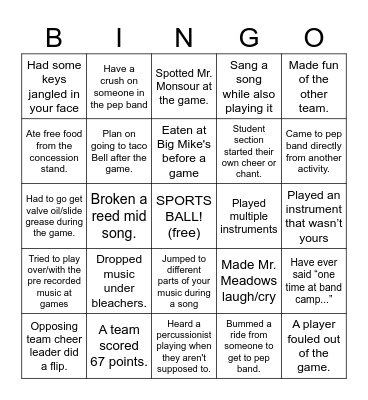 Pep Band Bingo Card