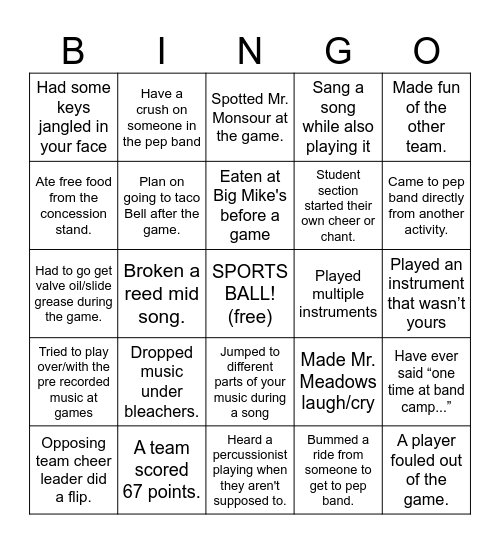 Pep Band Bingo Card