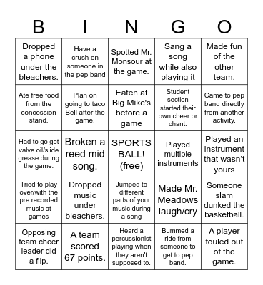Pep Band Bingo Card