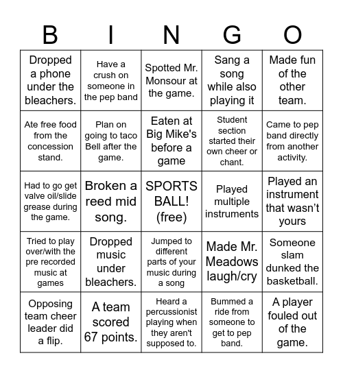 Pep Band Bingo Card