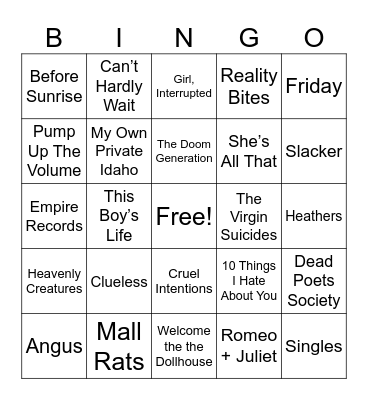 90s Teen Movies Bingo Card