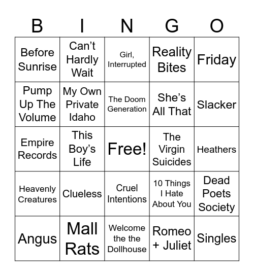 90s Teen Movies Bingo Card