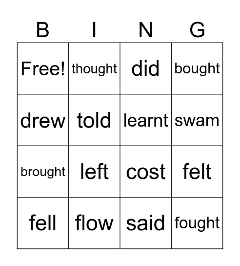 past simple Bingo Card