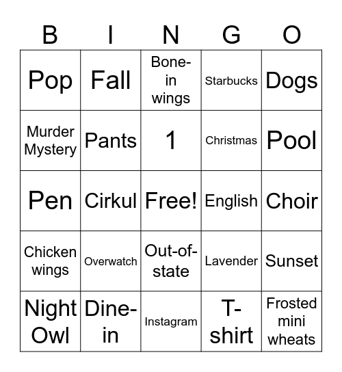 Maddie Bingo Card