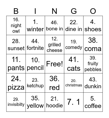 Olivia Bingo Card