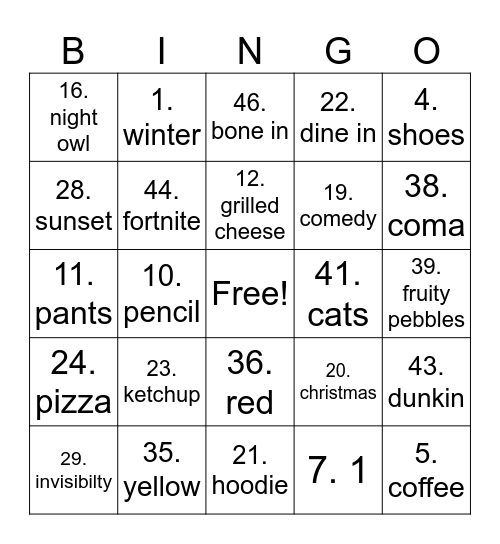 Olivia Bingo Card