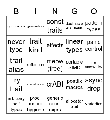 imaginary rust features bingo Card