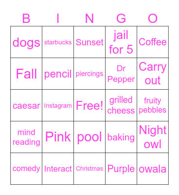 personality board Bingo Card