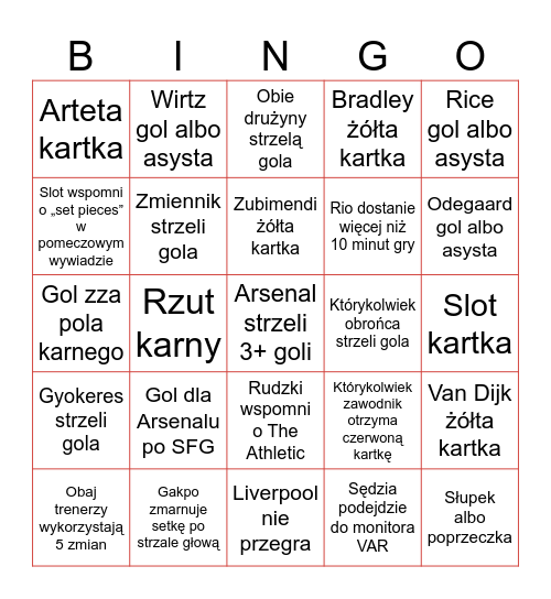 Arsenal vs Liverpool Bingo Card