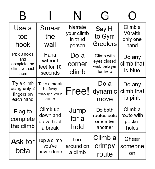 GRR Rock Climbing Bingo Card