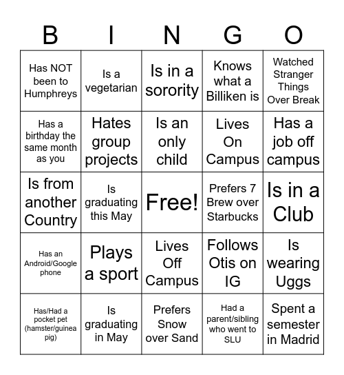 Student Bingo Card