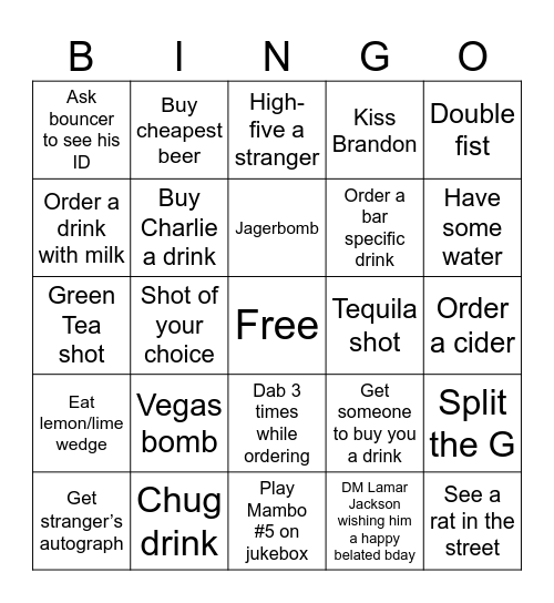 BAR CRAWL Bingo Card