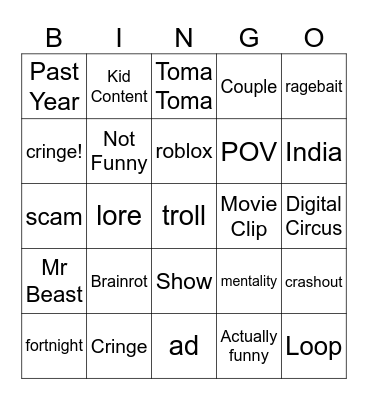 YouTue shorts Bingo Card
