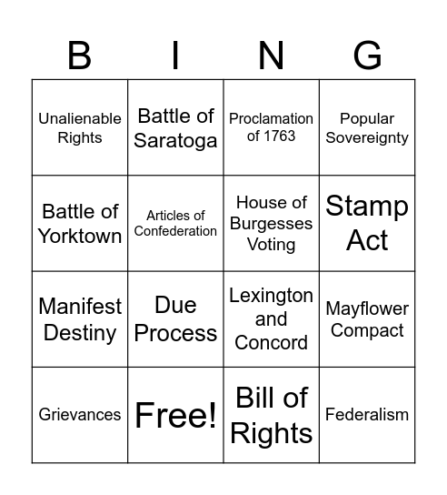 U.S. History through 1877 Review Bingo Card