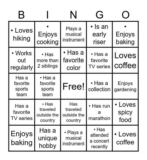 Get to Know You Bingo Card