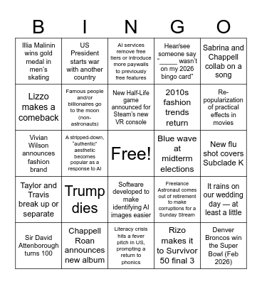 Sarah's 2026 Predictions Bingo Card