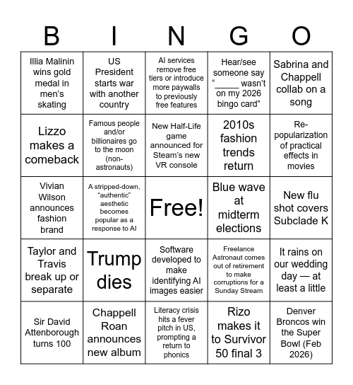 Sarah's 2026 Predictions Bingo Card