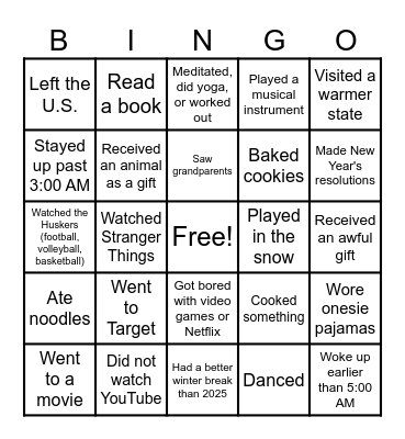 Winter Break Return: Find Someone Who... Bingo Card
