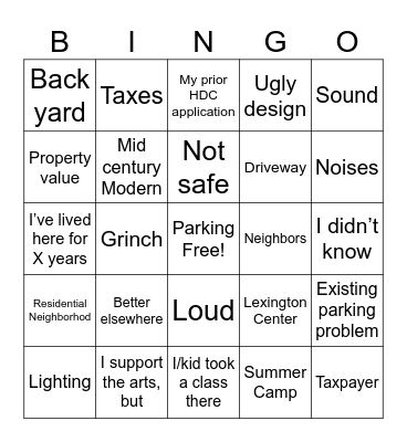NIMBY Bingo Card