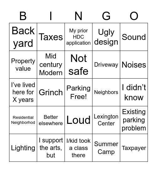 NIMBY Bingo Card