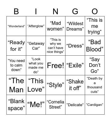 Taylor swift Music Bingo (Albums 5-8) Bingo Card