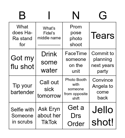 CICU Holiday Party Bingo Card