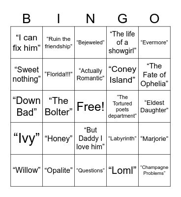 Taylor swift music bingo (albums 9-12) Bingo Card