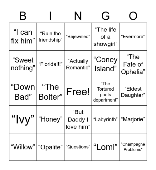 Taylor swift music bingo (albums 9-12) Bingo Card